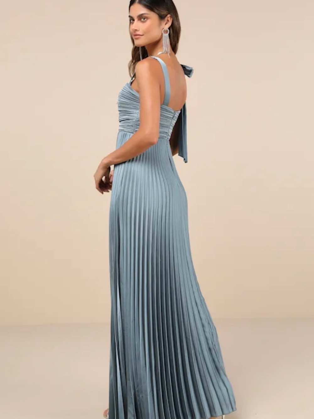 NWT Lulus Gorgeous Purpose slate satin pleated maxi dress - Picture 2 of 8